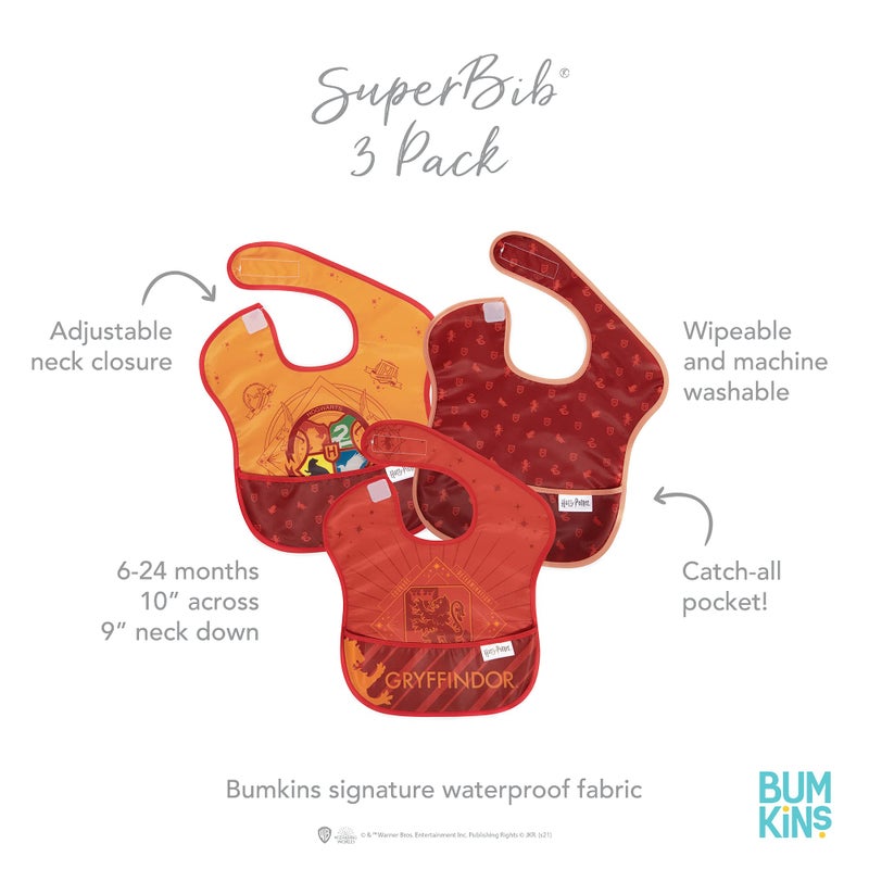 Bumkins Bibs for Girl or Boy, SuperBib Baby and Toddler for 6-24 Months, Essential Must Have for Eating, Feeding, Baby Led Weaning, Mess Saving Waterproof Soft Fabric, 3-pk Harry Potter Gryffindor - Image 5